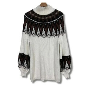 Free People Womens XS Sweater Fair Isle Tunic Dress Turtleneck White Brown